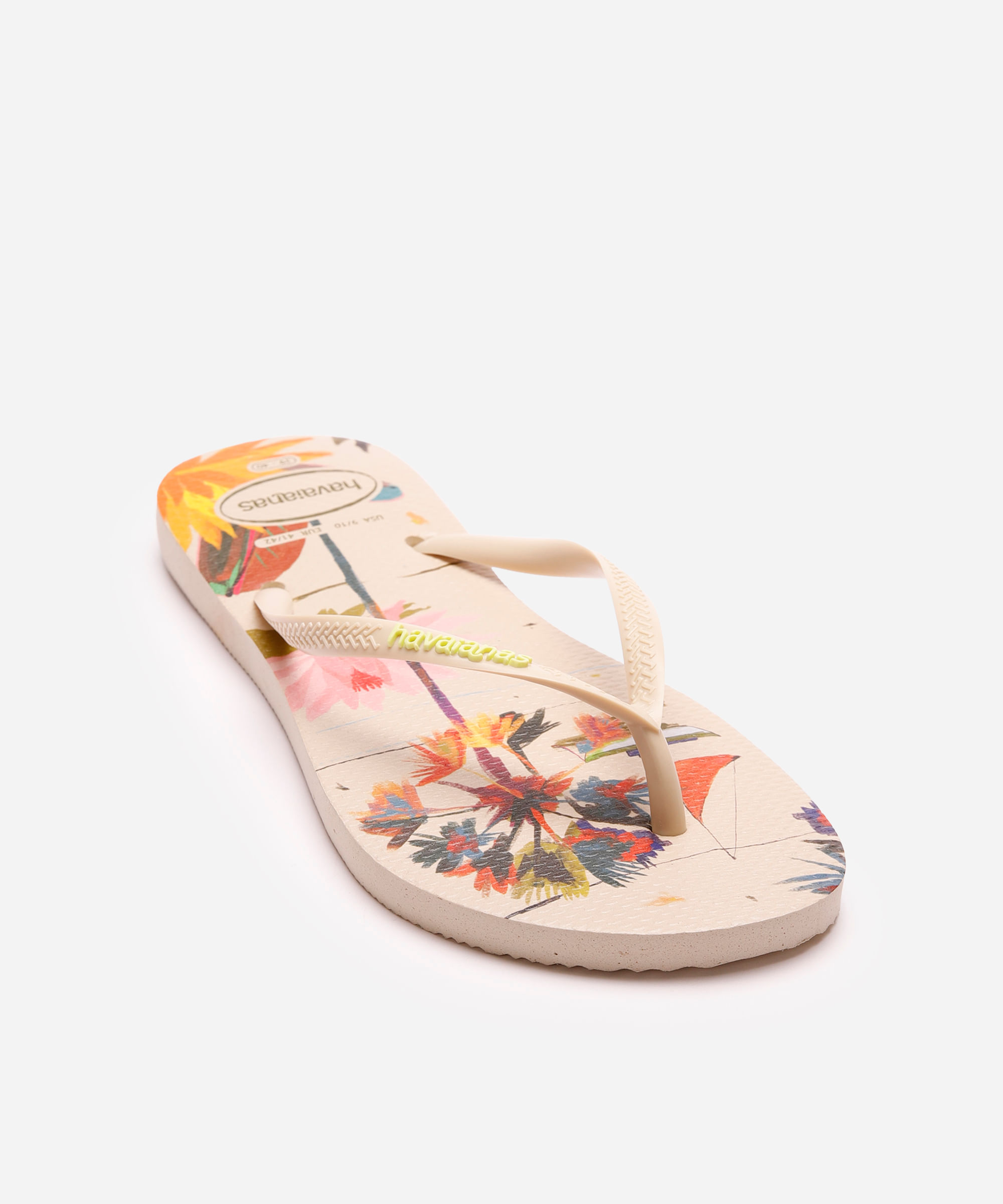 chinelo feminino havaianas slim folhagens bege