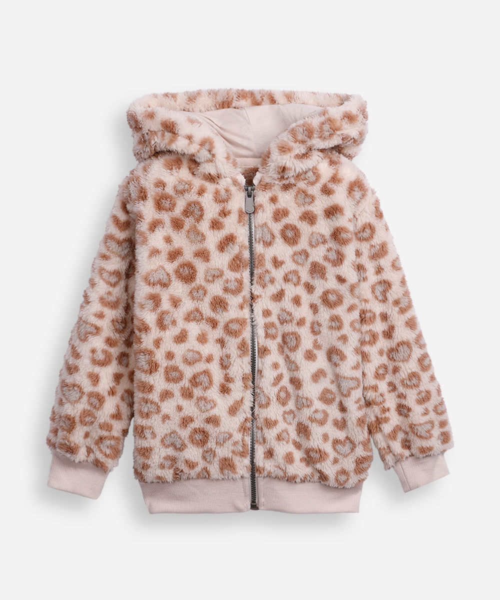 jaqueta de pelúcia infantil animal print bege