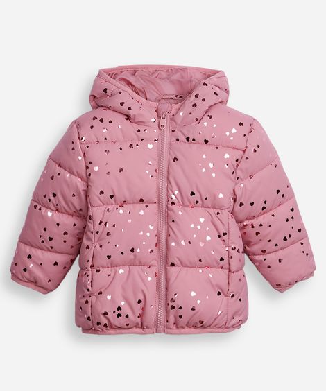 jaqueta puffer infantil coração rosa