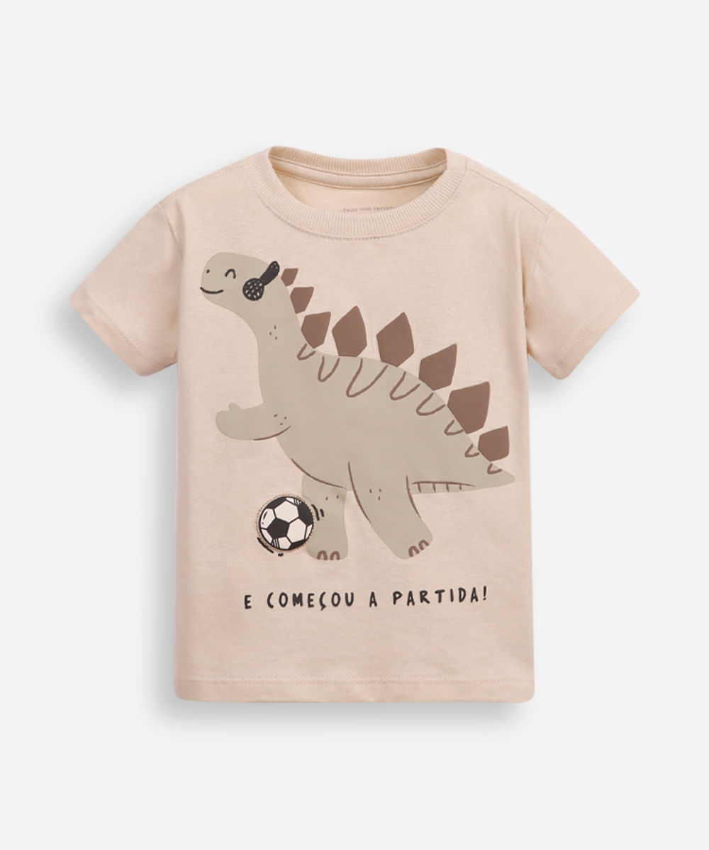 camiseta de algodão infantil dinossauro jogador bege