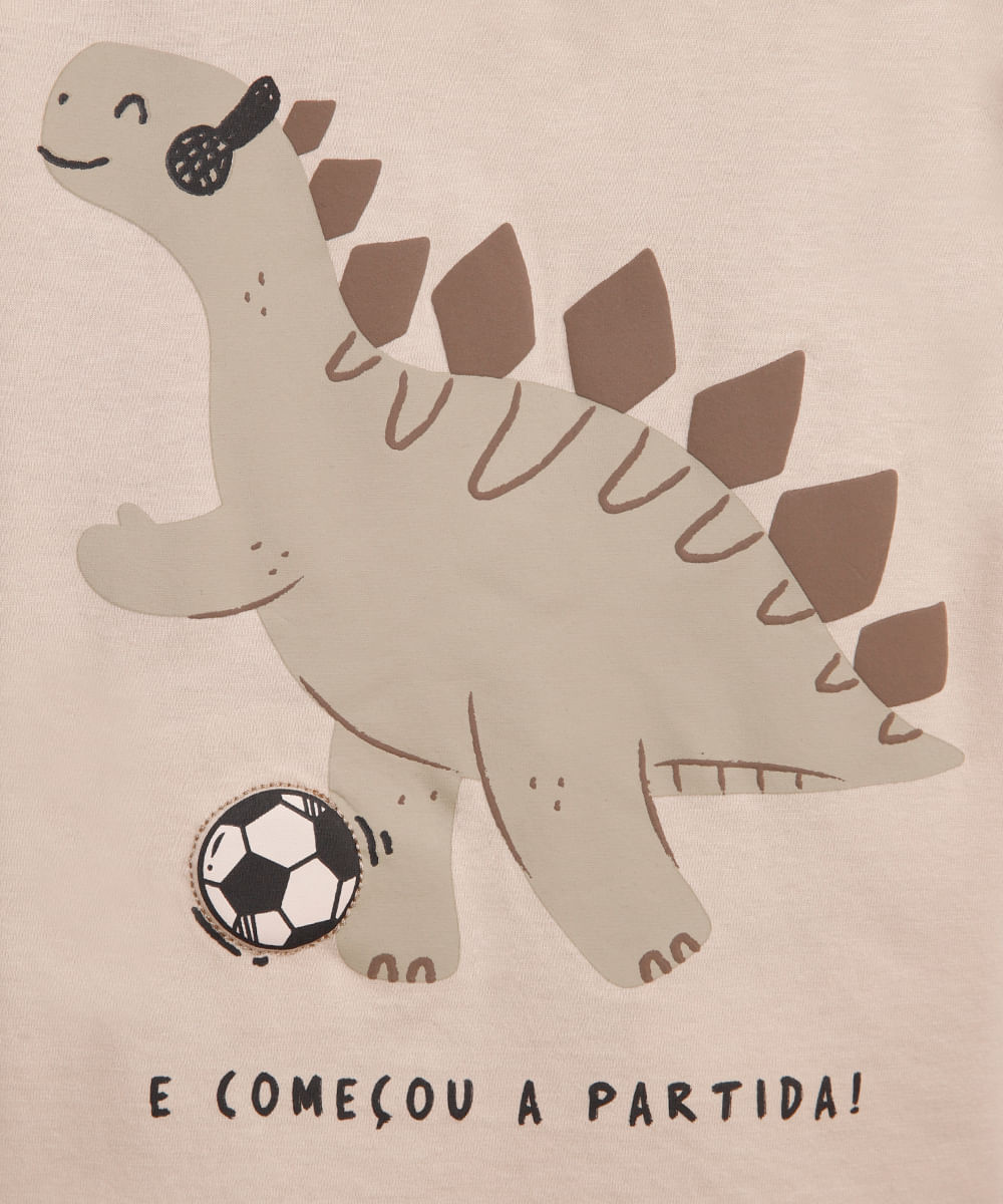 camiseta de algodão infantil dinossauro jogador bege
