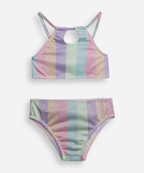 biquíni infantil frente única listrado com lurex colorido