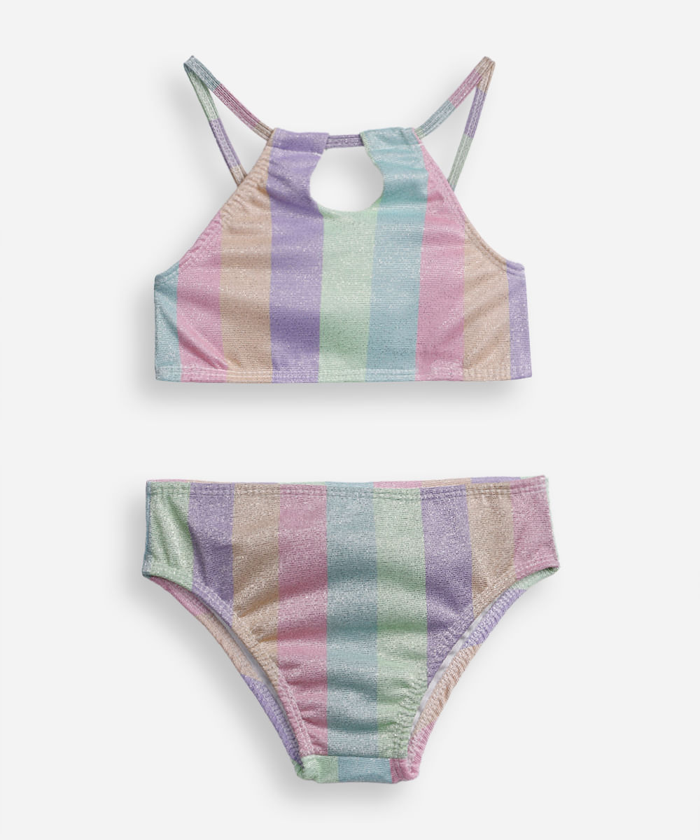 biquíni infantil frente única listrado com lurex colorido