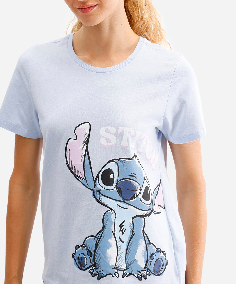 short doll feminino de algodão manga curta stitch azul