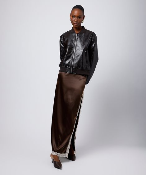 saia midi feminina acetinada com renda e fenda mindset marrom