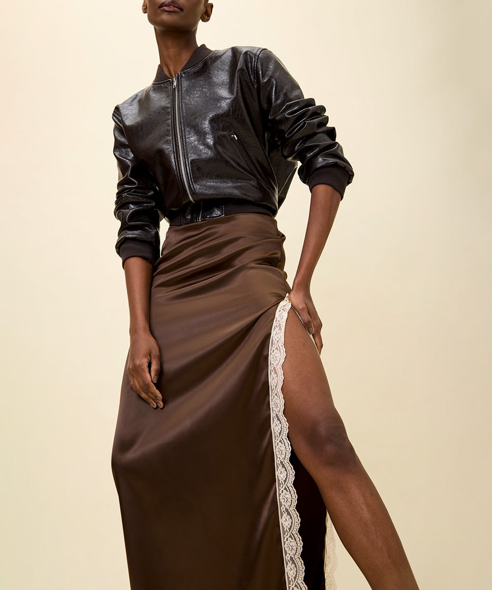 saia midi feminina acetinada com renda e fenda mindset marrom