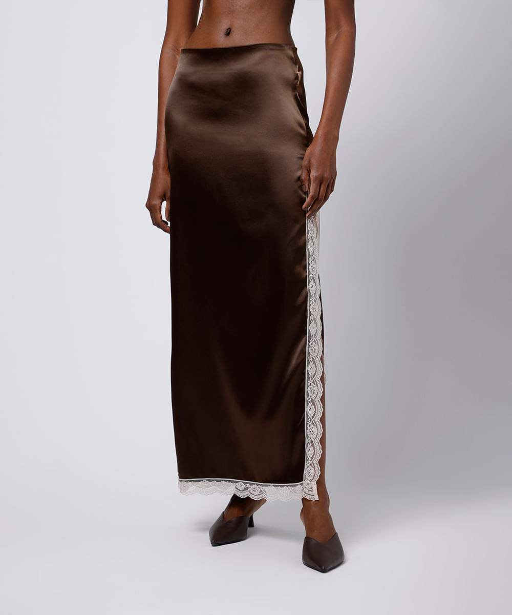 saia midi feminina acetinada com renda e fenda mindset marrom