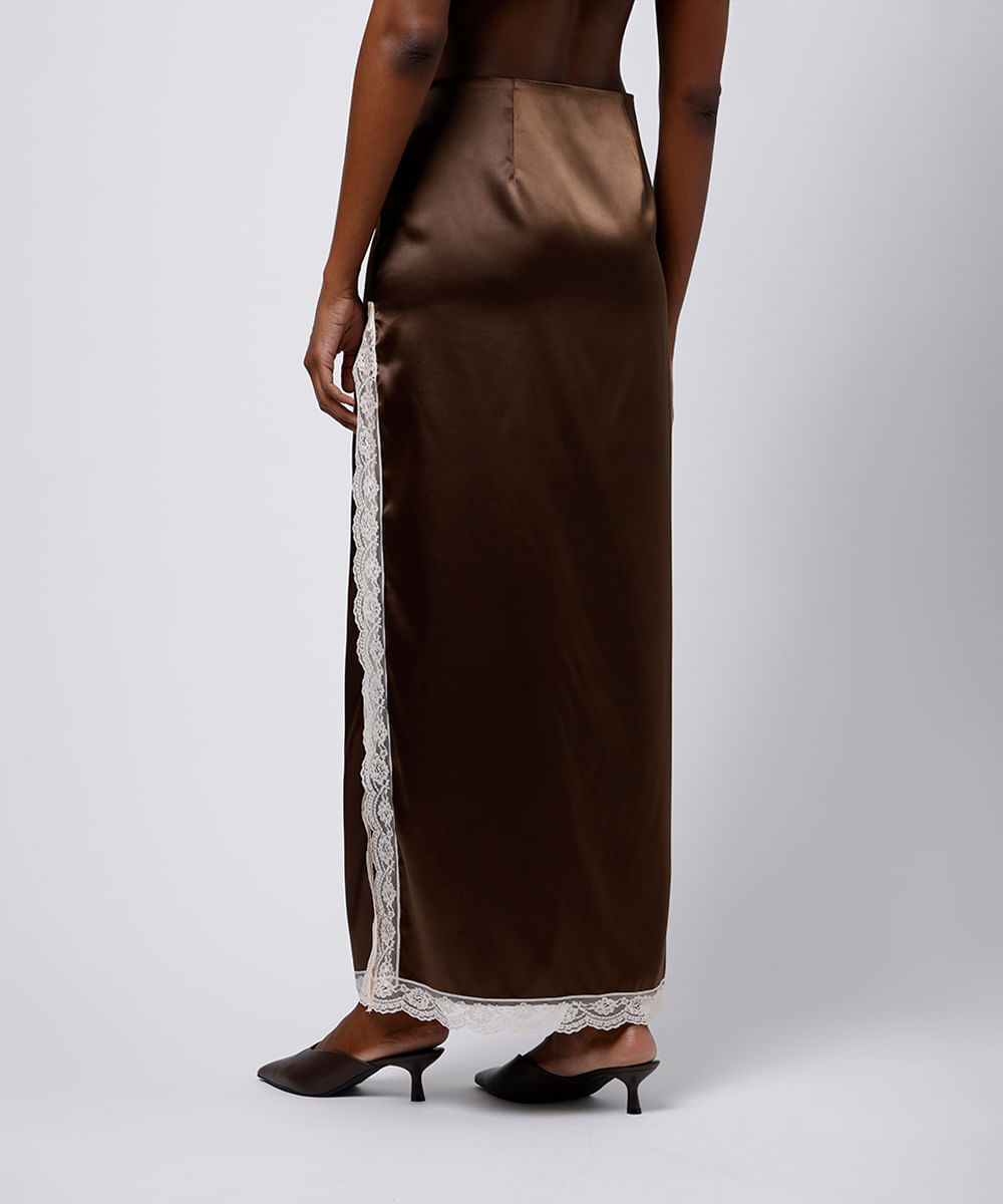 saia midi feminina acetinada com renda e fenda mindset marrom