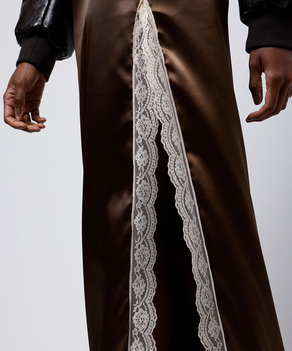 saia midi feminina acetinada com renda e fenda mindset marrom