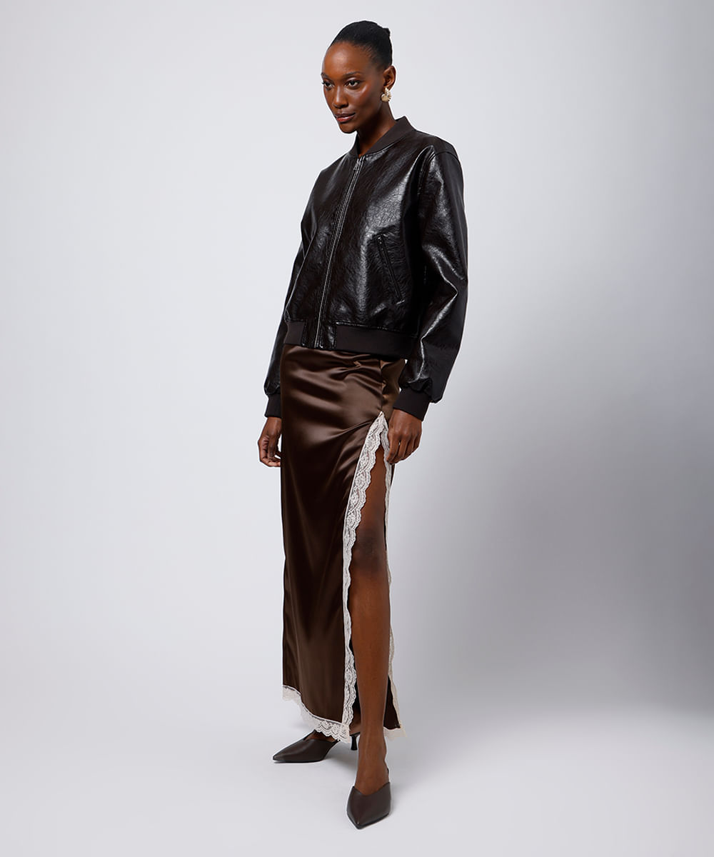 saia midi feminina acetinada com renda e fenda mindset marrom