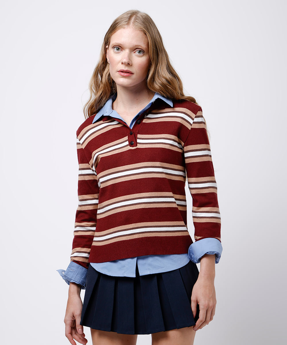 polo feminina de tricot manga longa listrada mindset vinho