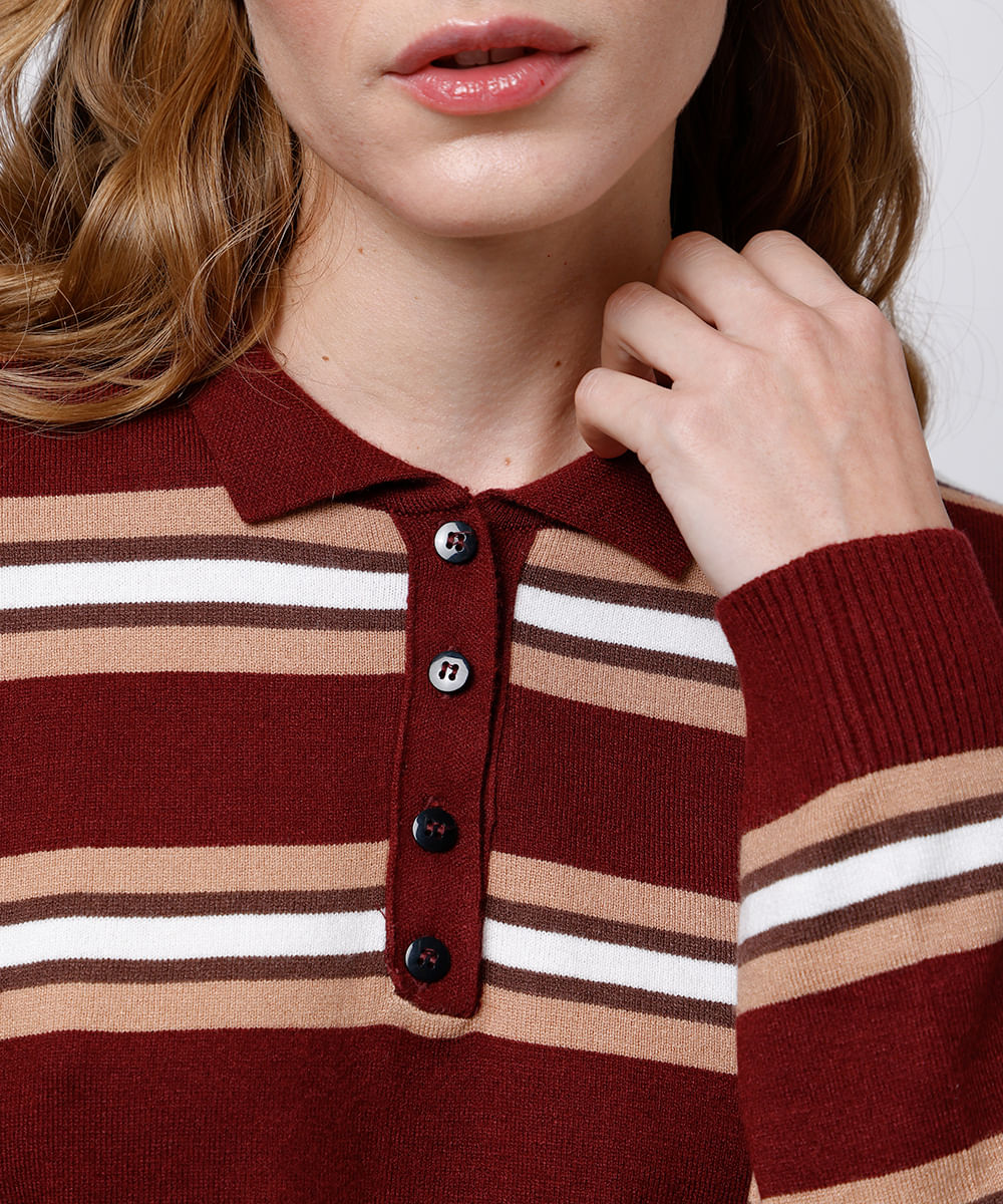 polo feminina de tricot manga longa listrada mindset vinho