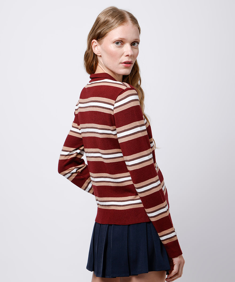 polo feminina de tricot manga longa listrada mindset vinho