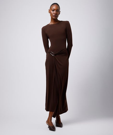 vestido midi feminino manga longa com fenda marrom