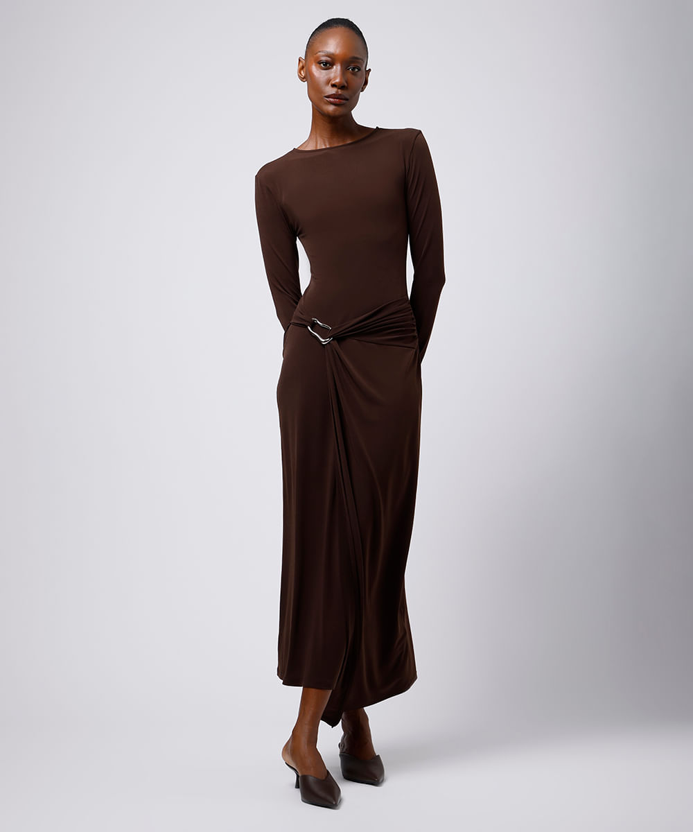 vestido midi feminino manga longa com fenda marrom