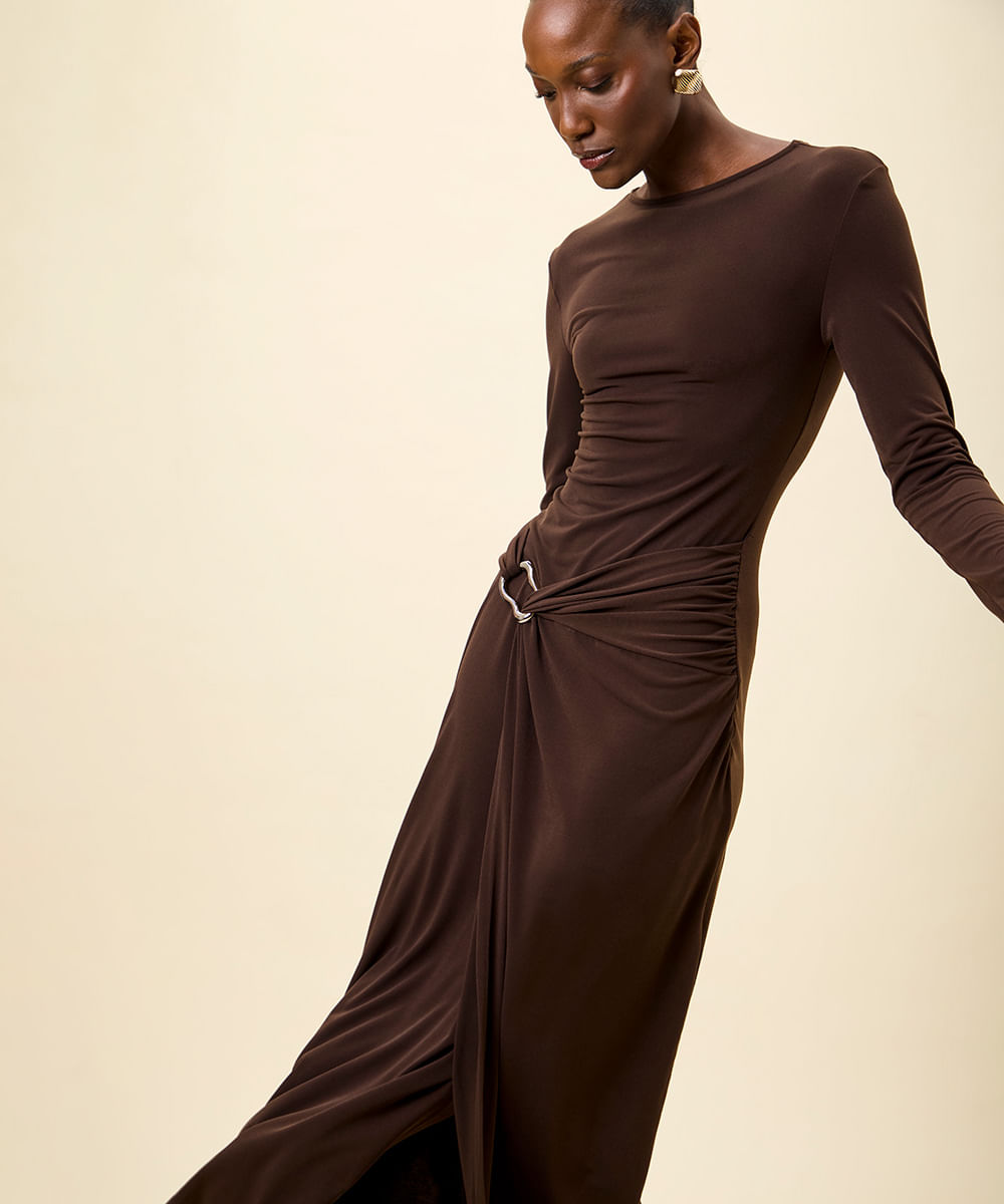 vestido midi feminino manga longa com fenda marrom