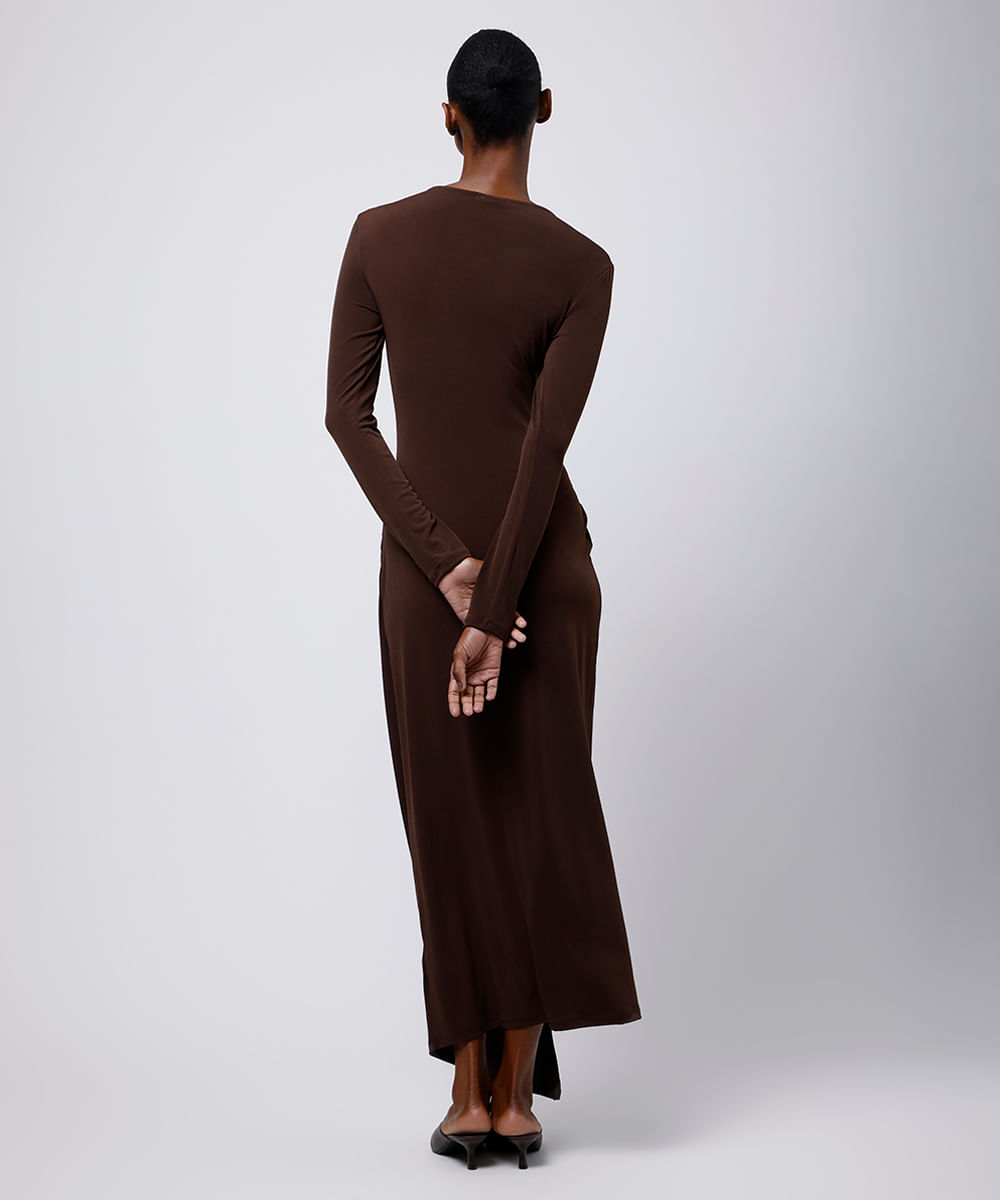vestido midi feminino manga longa com fenda marrom