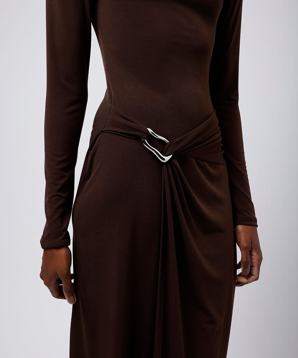 vestido midi feminino manga longa com fenda marrom