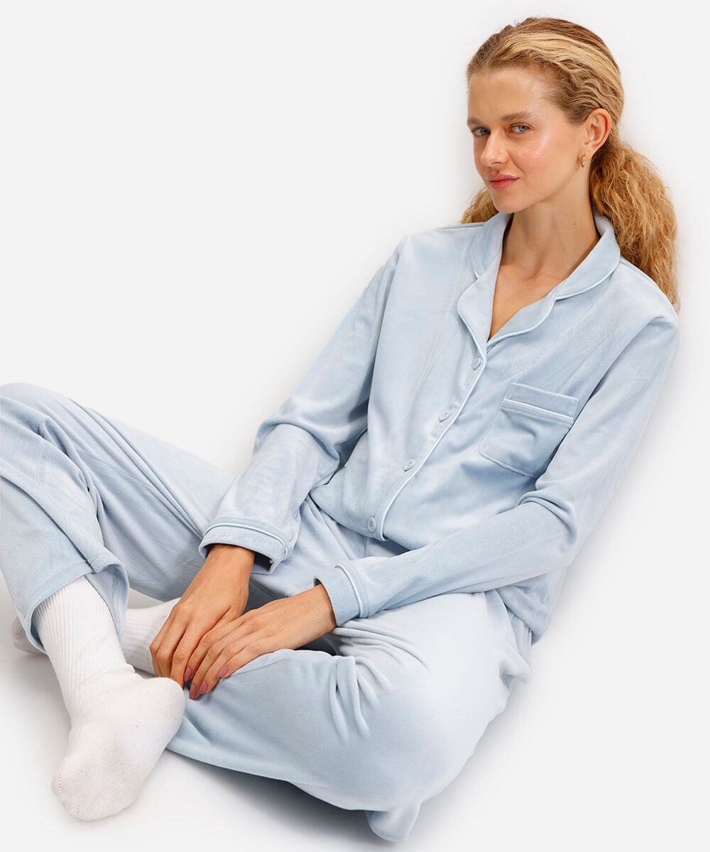 pijama americano longo de plush - azul claro