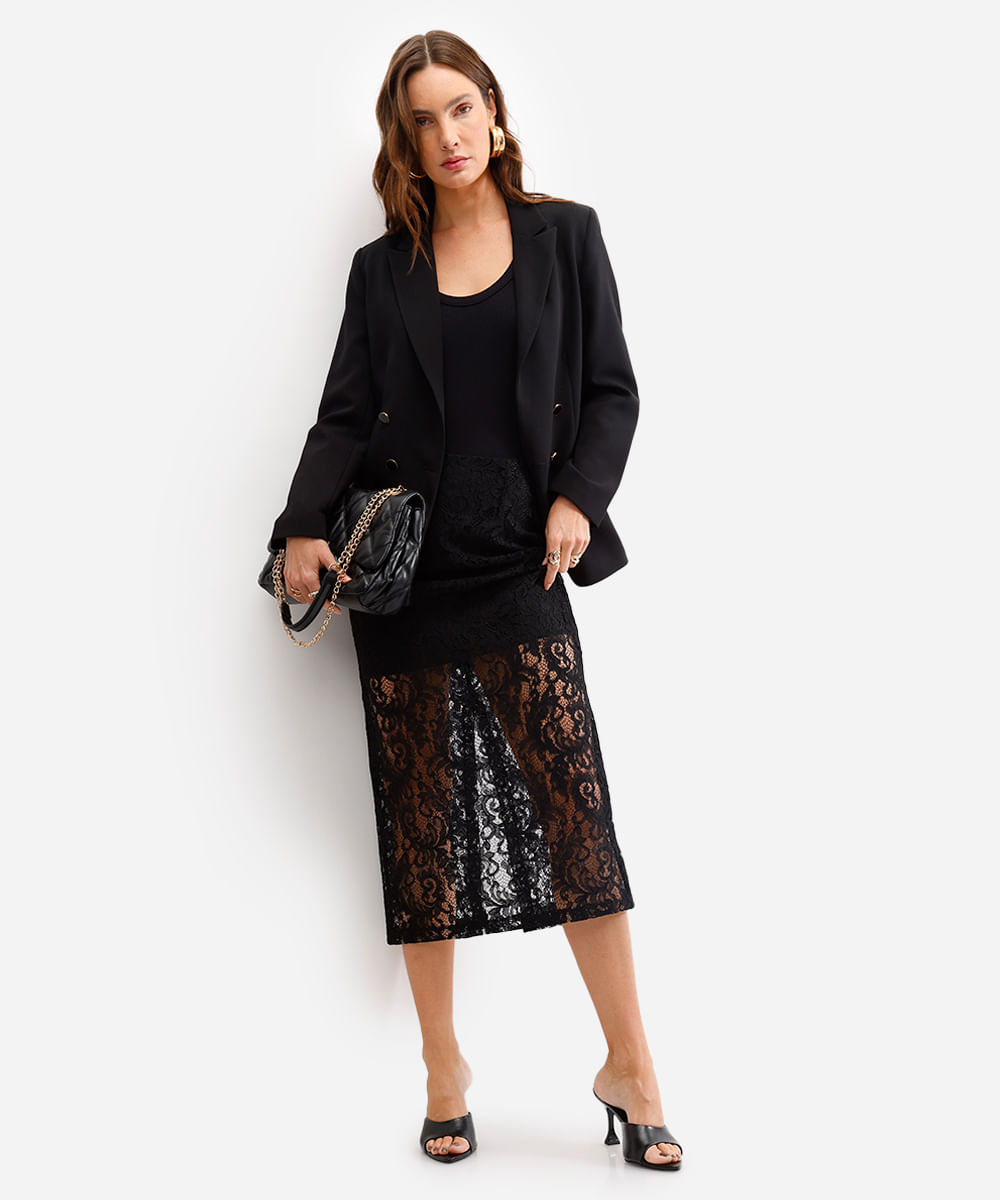 saia midi feminina de renda floral com fenda preto