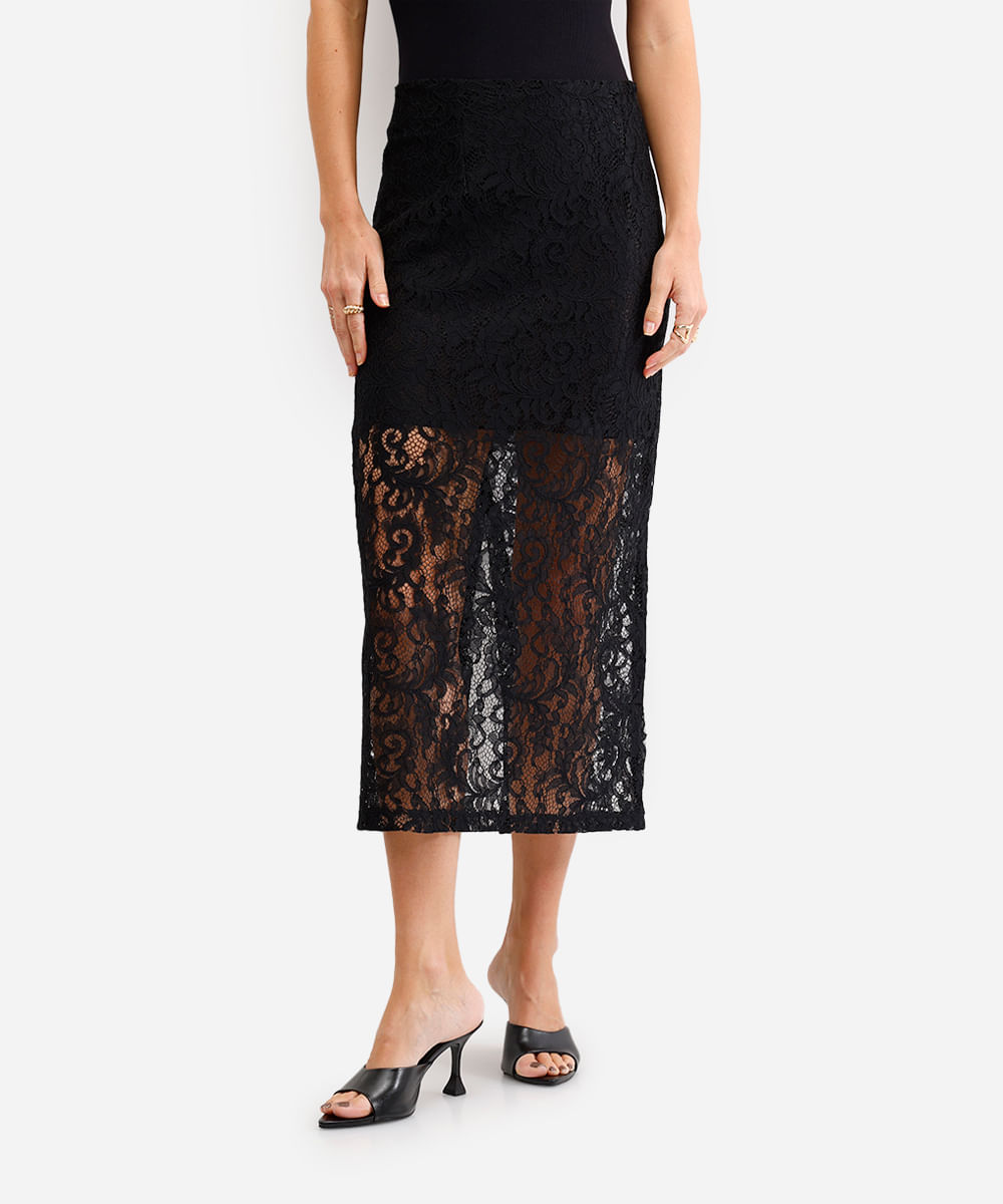 saia midi feminina de renda floral com fenda preto