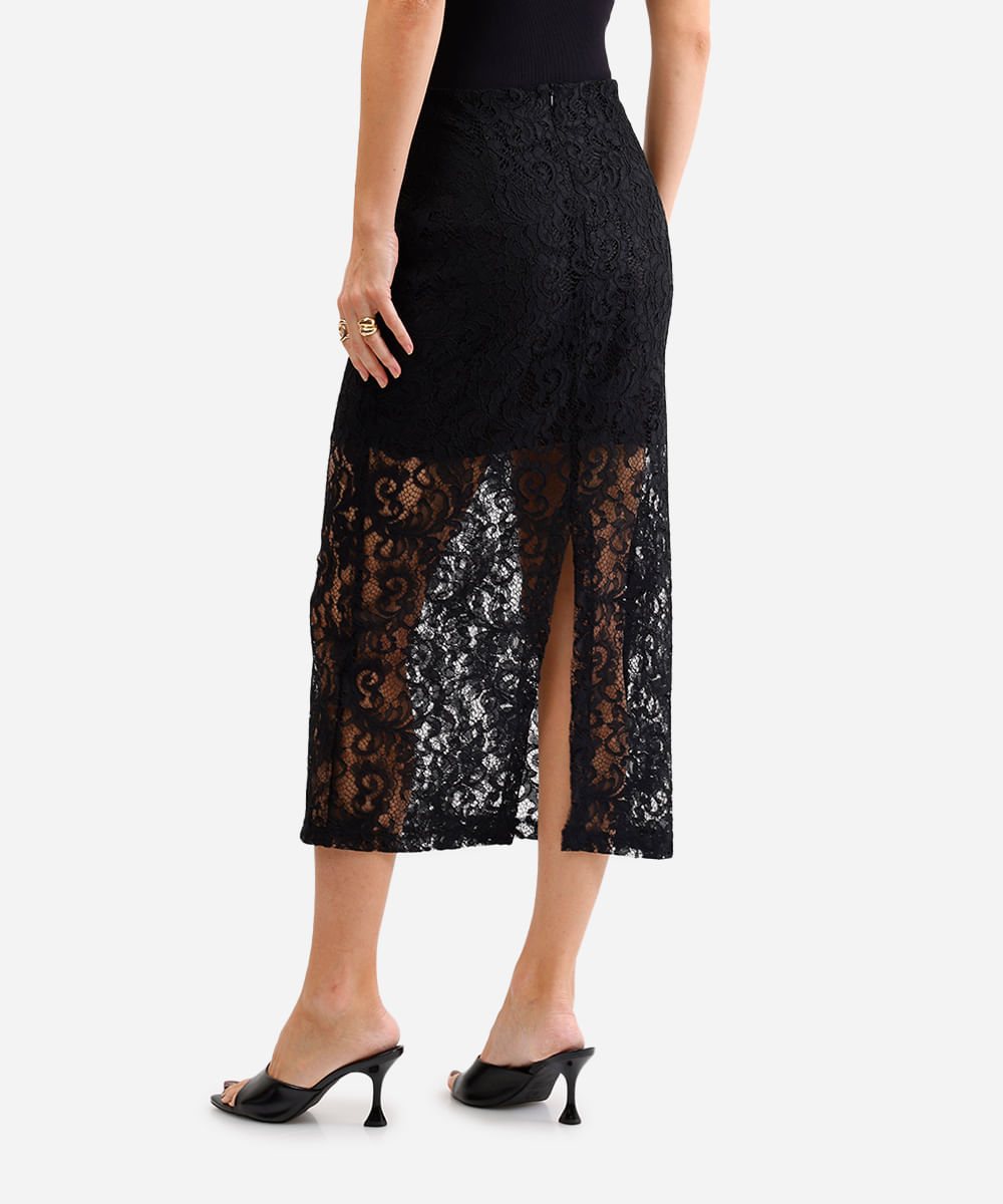 saia midi feminina de renda floral com fenda preto