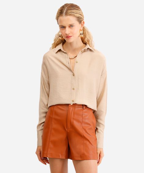 camisa feminina oversized manga longa texturizada bege