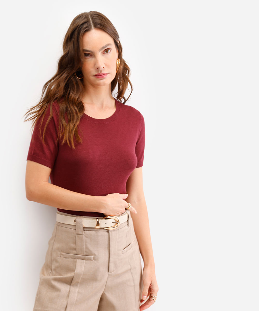 blusa de tricot manga curta - vinho