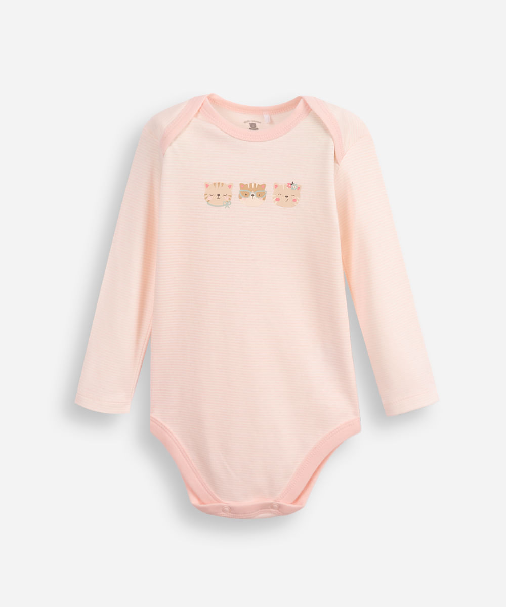 body infantil de algodão gatinhos listrado rosa