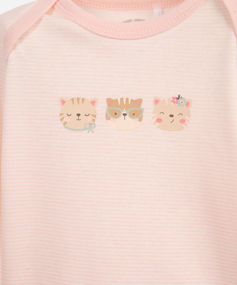 body infantil de algodão gatinhos listrado rosa
