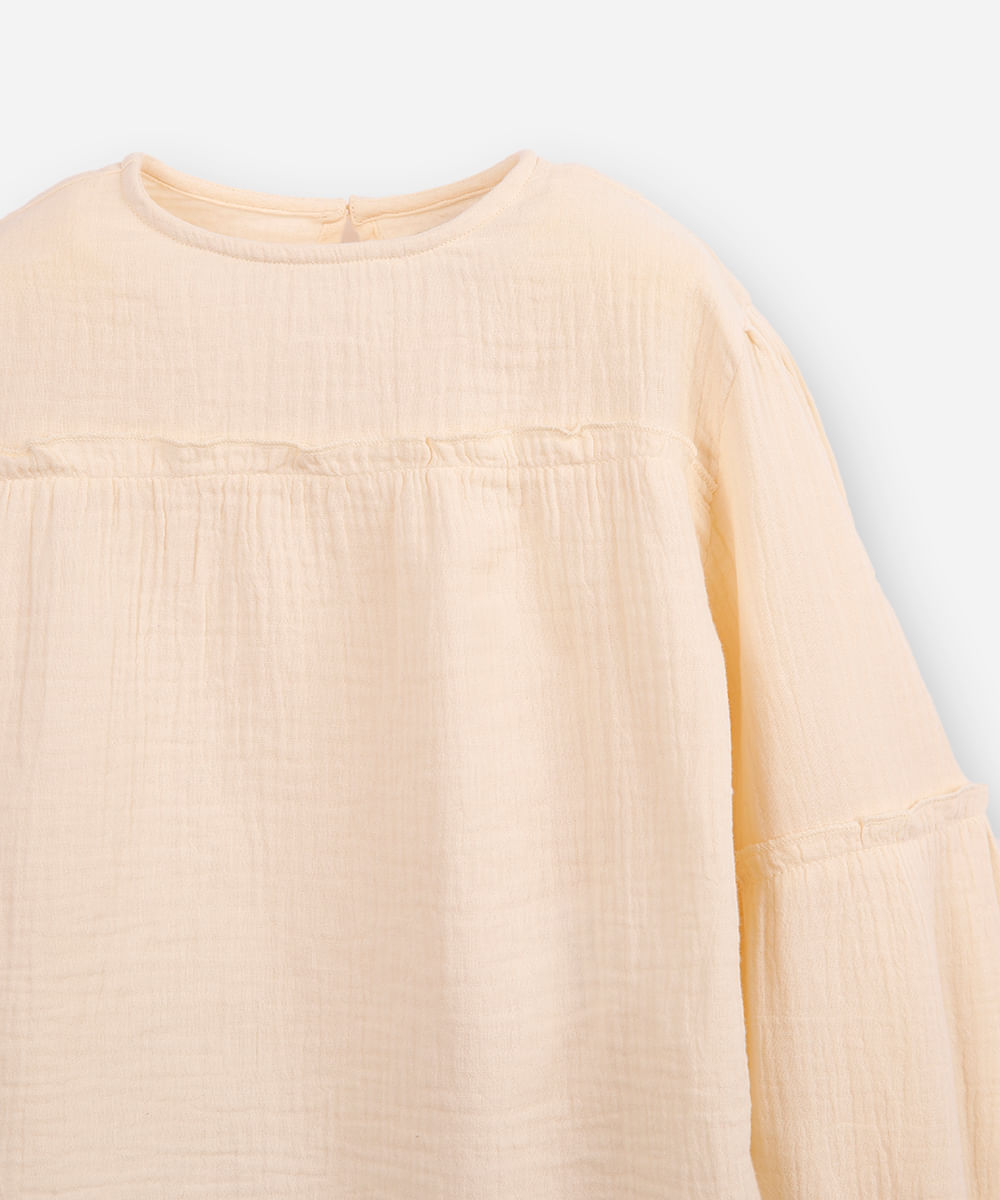 blusa infantil de algodão manga bufante texturizada bege