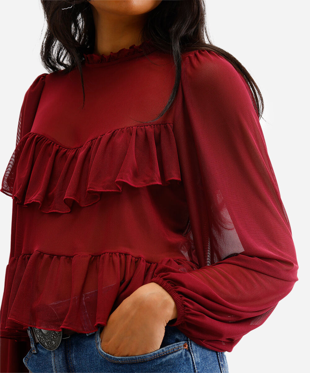 bata feminina de tule manga bufante com babados vinho