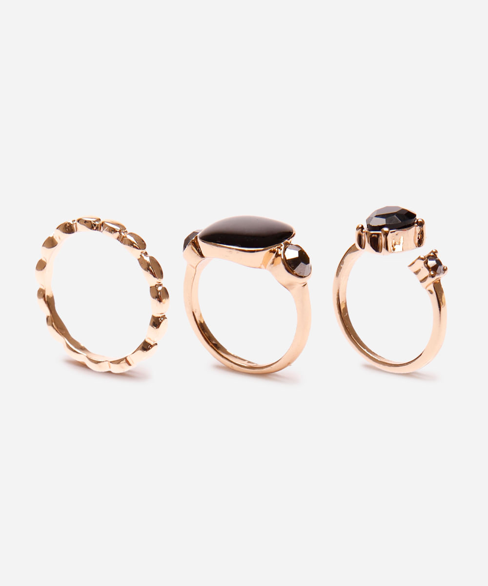 kit de 3 anéis vintage mindset dourado