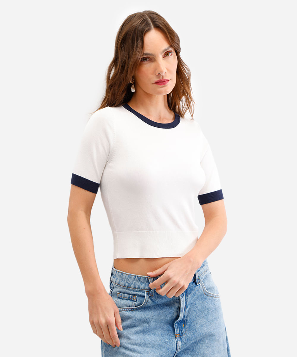 blusa feminina de tricot bicolor off white