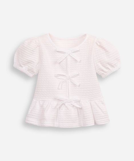 blusa de algodão infantil com lacinho texturizada off white