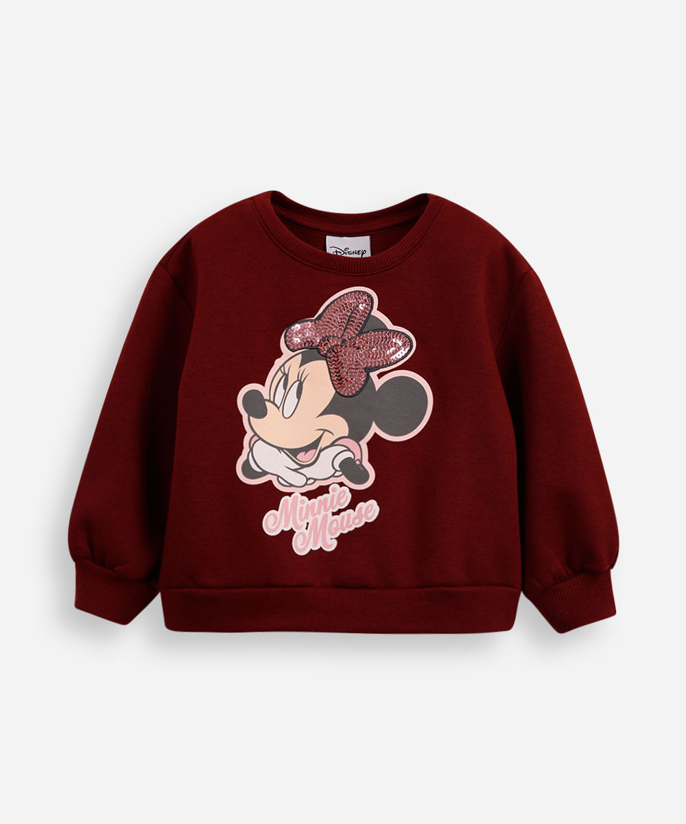 blusão de moletom infantil minnie paetê vinho