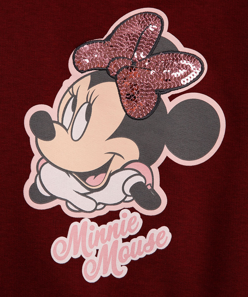 blusão de moletom infantil minnie paetê vinho
