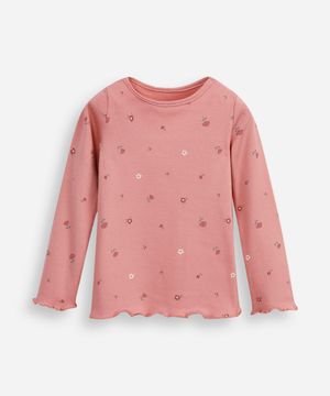 blusa de algodão infantil manga longa floral rosa