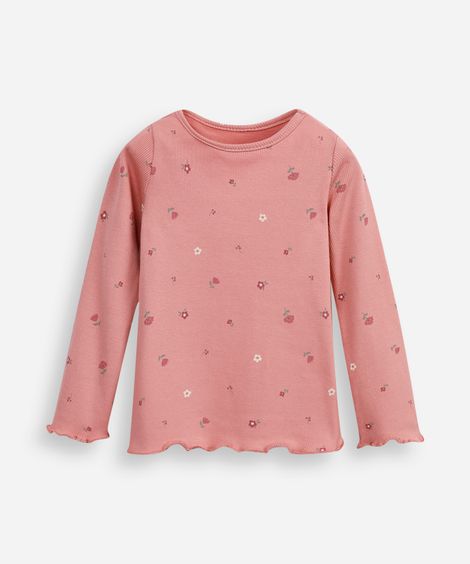 blusa de algodão infantil manga longa floral rosa