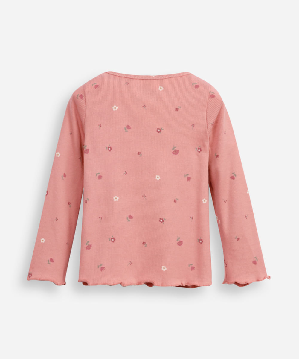 blusa de algodão infantil manga longa floral rosa