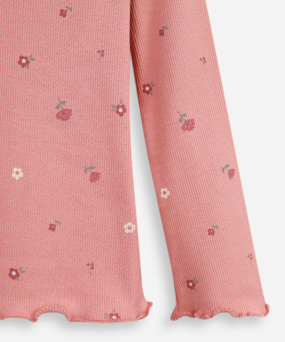 blusa de algodão infantil manga longa floral rosa