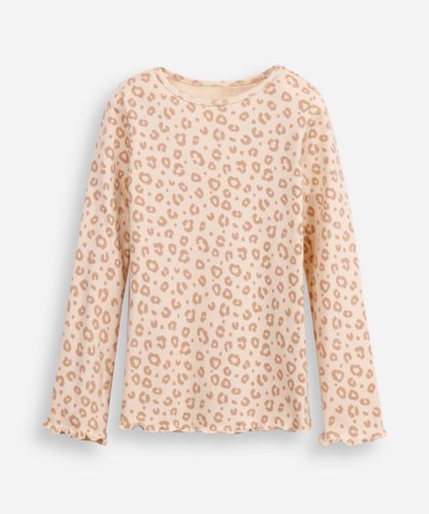 blusa de algodão infantil manga longa animal print bege