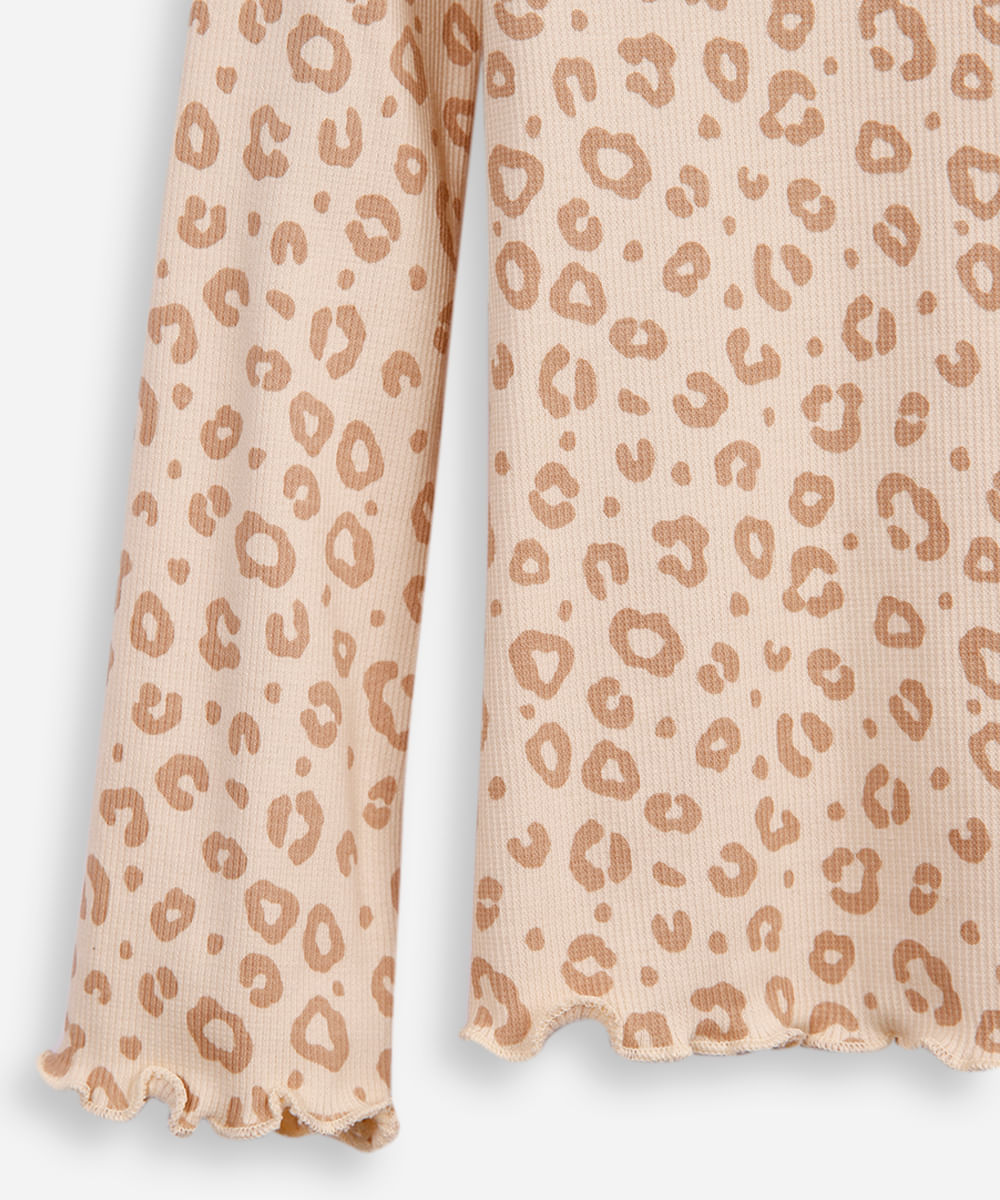 blusa de algodão infantil manga longa animal print bege