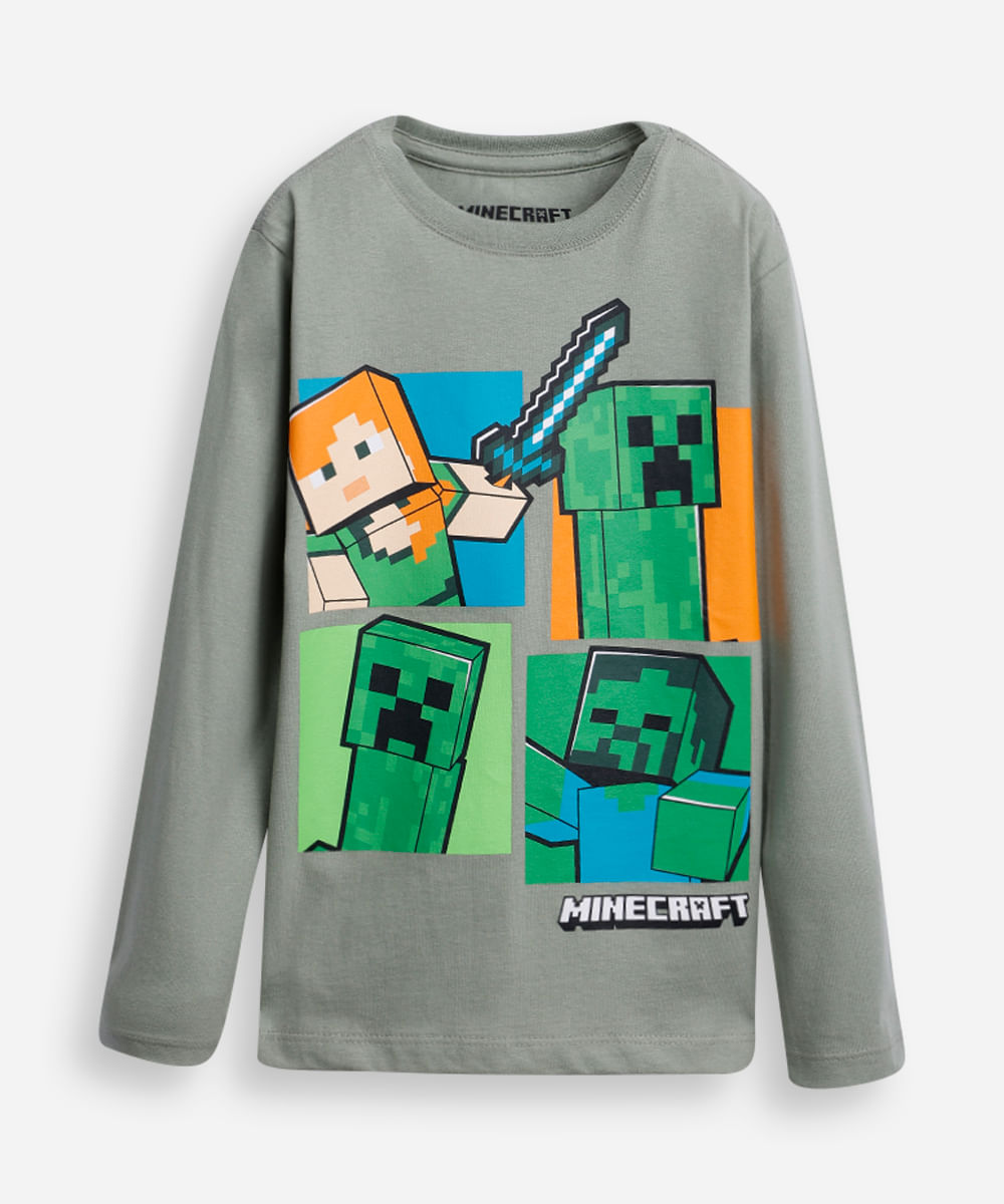 blusa de algodão infantil manga longa minecraft verde