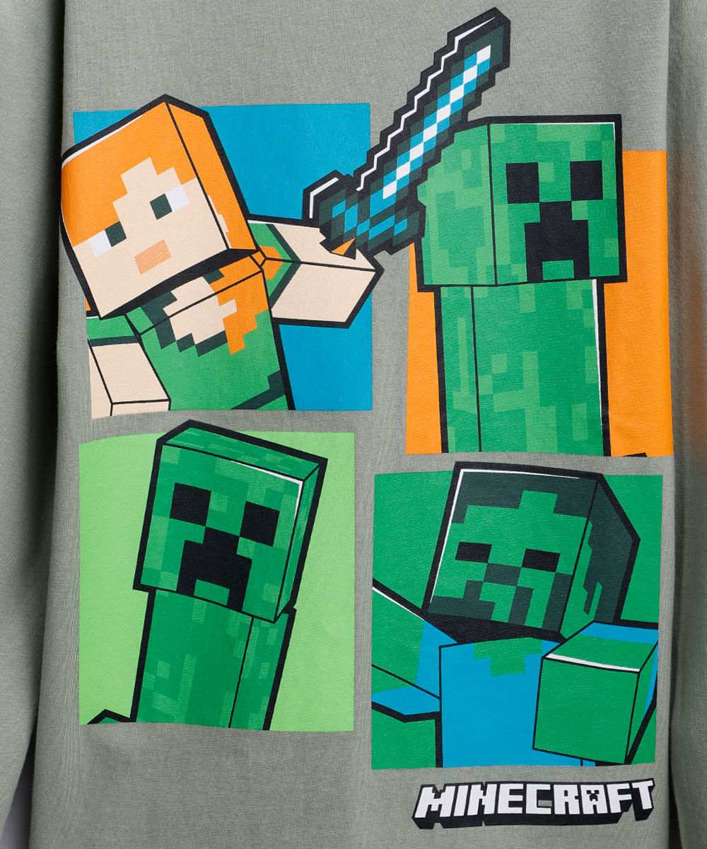 blusa de algodão infantil manga longa minecraft verde
