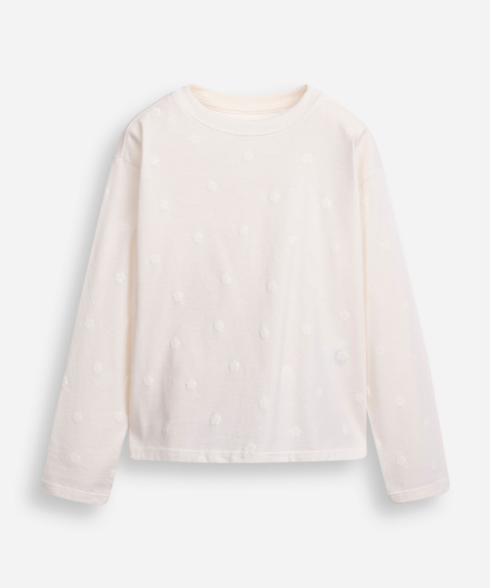 blusa de algodão infantil manga longa floral off white