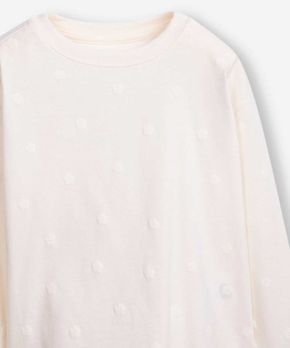 blusa de algodão infantil manga longa floral off white