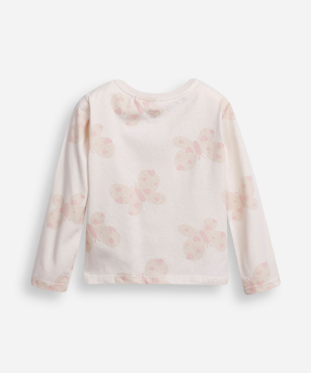 blusa de algodão infantil manga longa borboleta bege