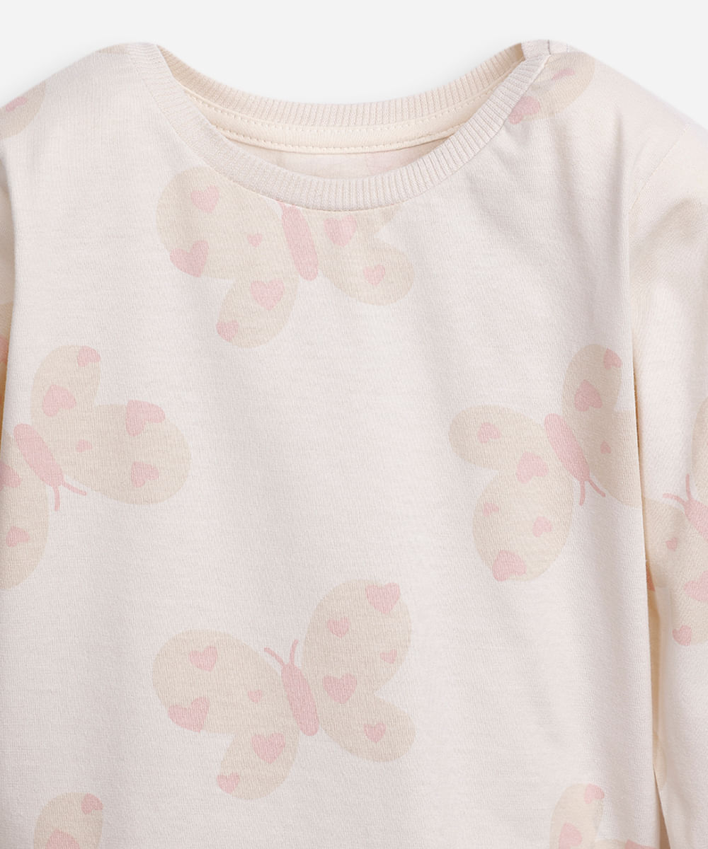 blusa de algodão infantil manga longa borboleta bege