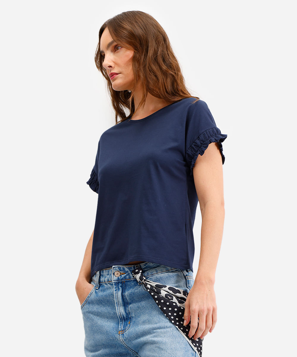camiseta feminina de algodão manga curta com frufru azul